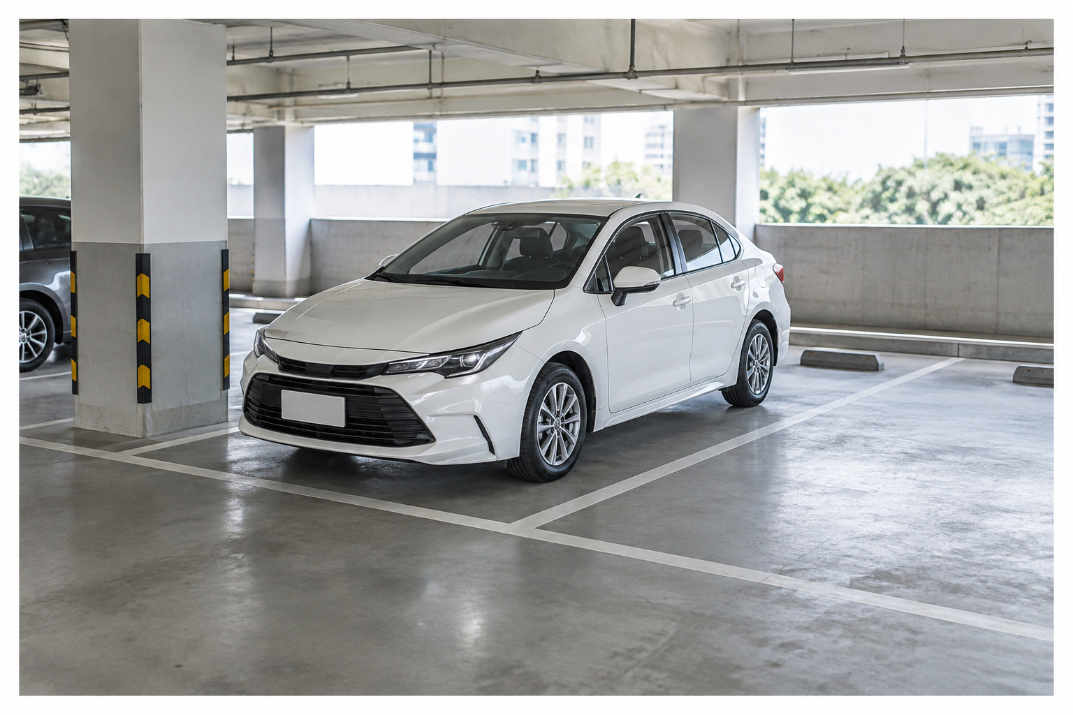 白色車輛倒車進入停車格的使用情境