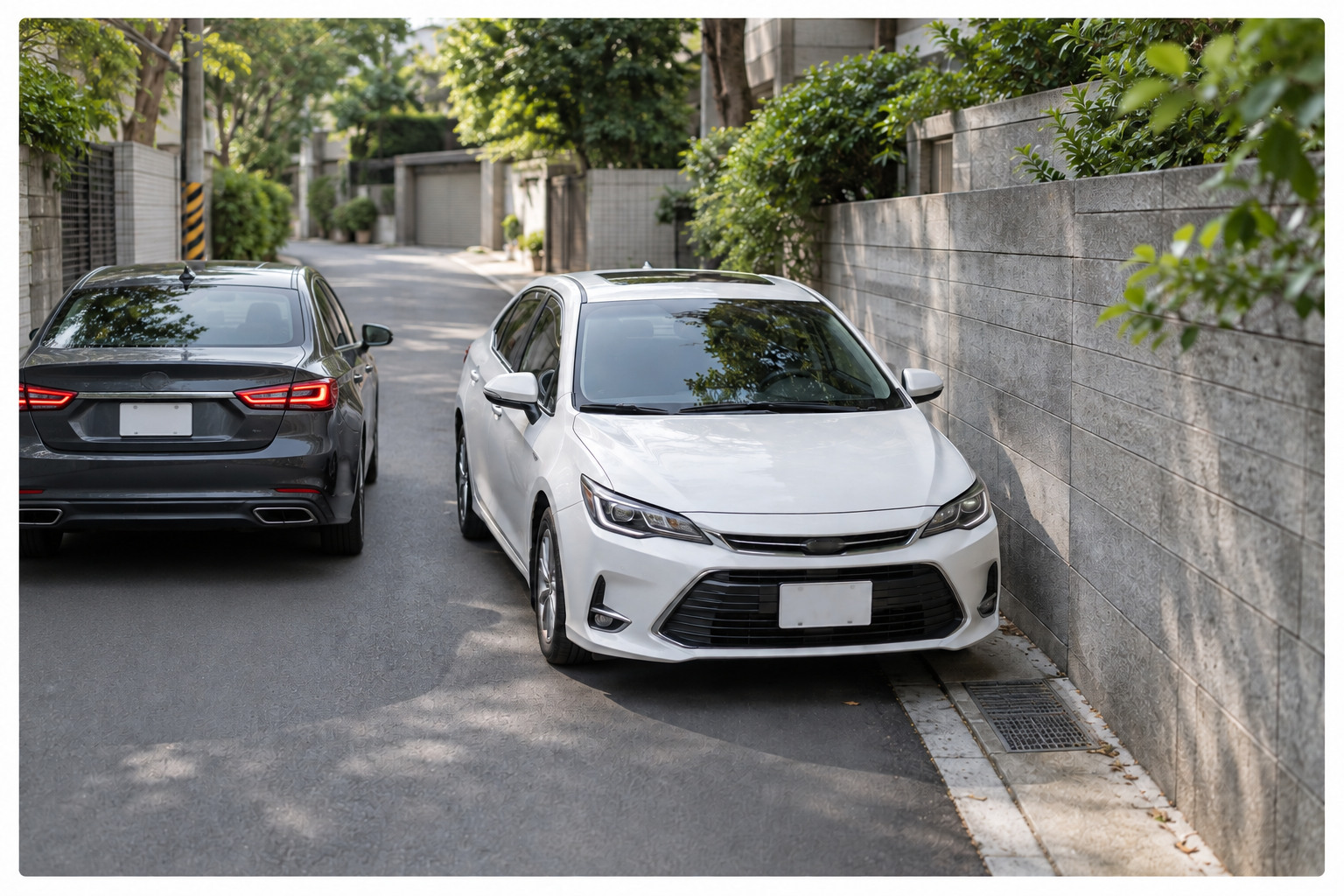 窄巷中車輛與牆面相鄰的會車情境
