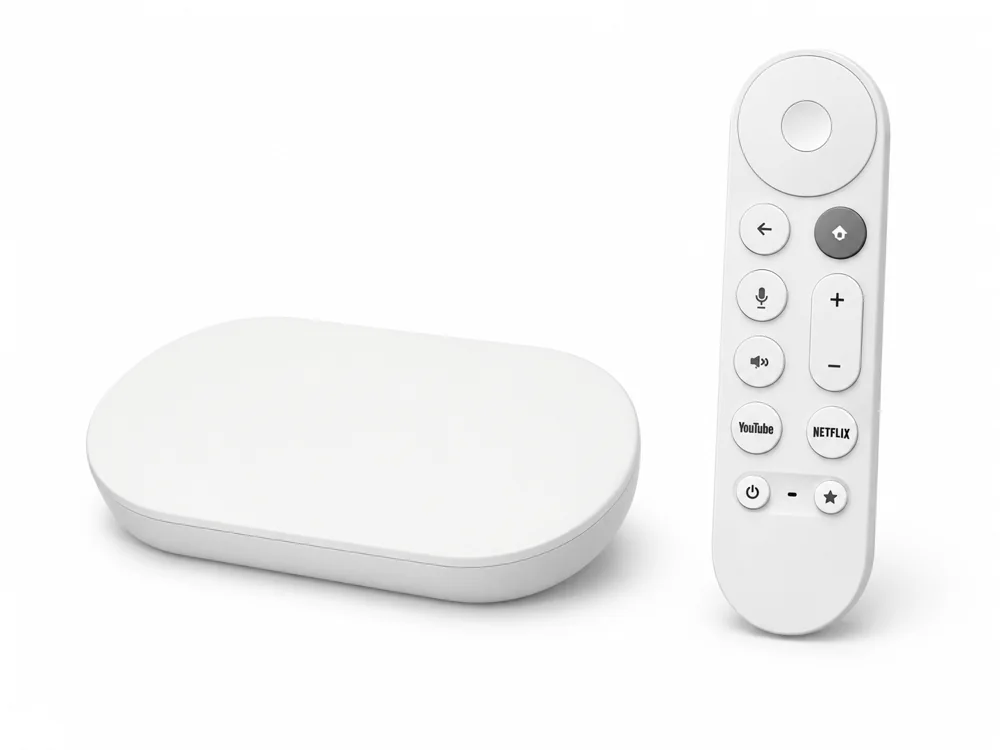 Google TV 播放主機與白色語音遙控器