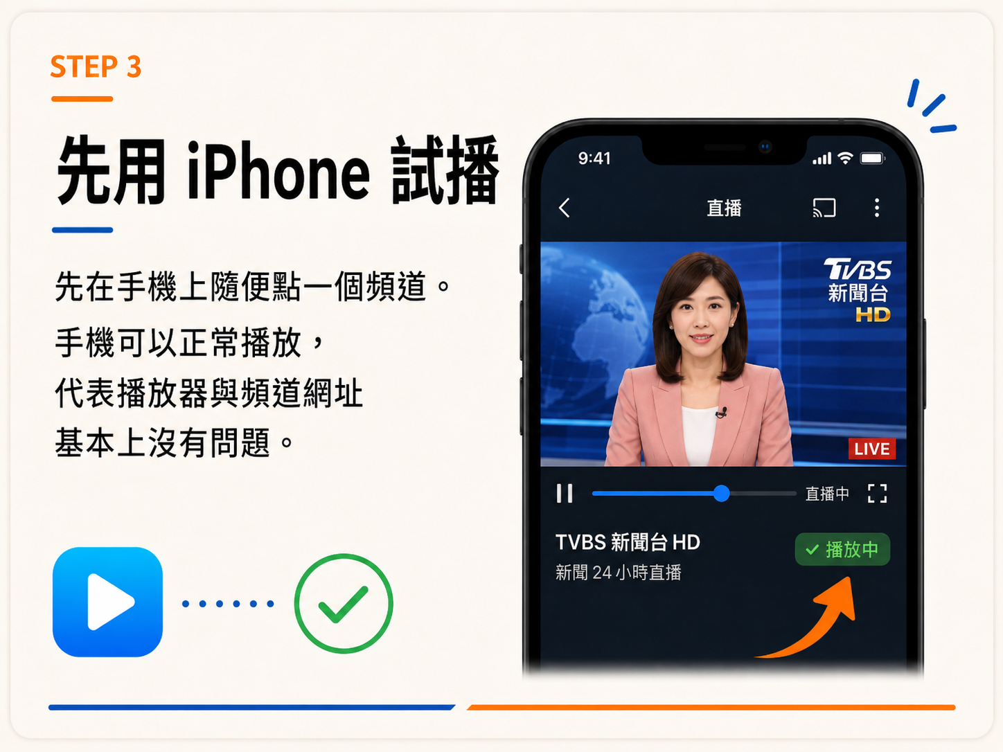 STEP 3 使用 iPhone 測試播放電視頻道