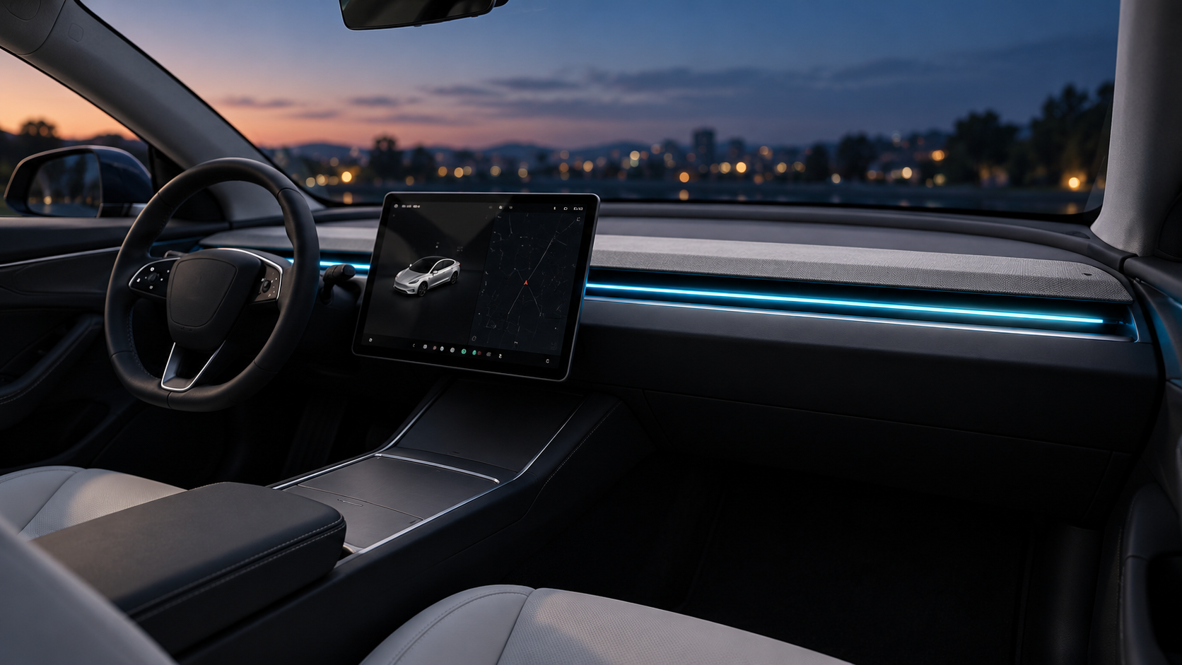 Tesla 前座中控台與出風口橫向燈光情境示意