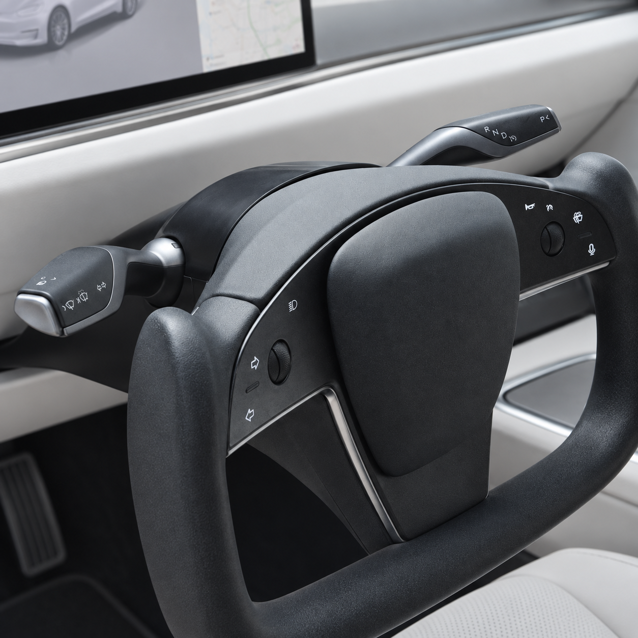 Tesla 排檔／方向燈撥桿套組 安裝效果示意，依型錄照片調整環境與色調