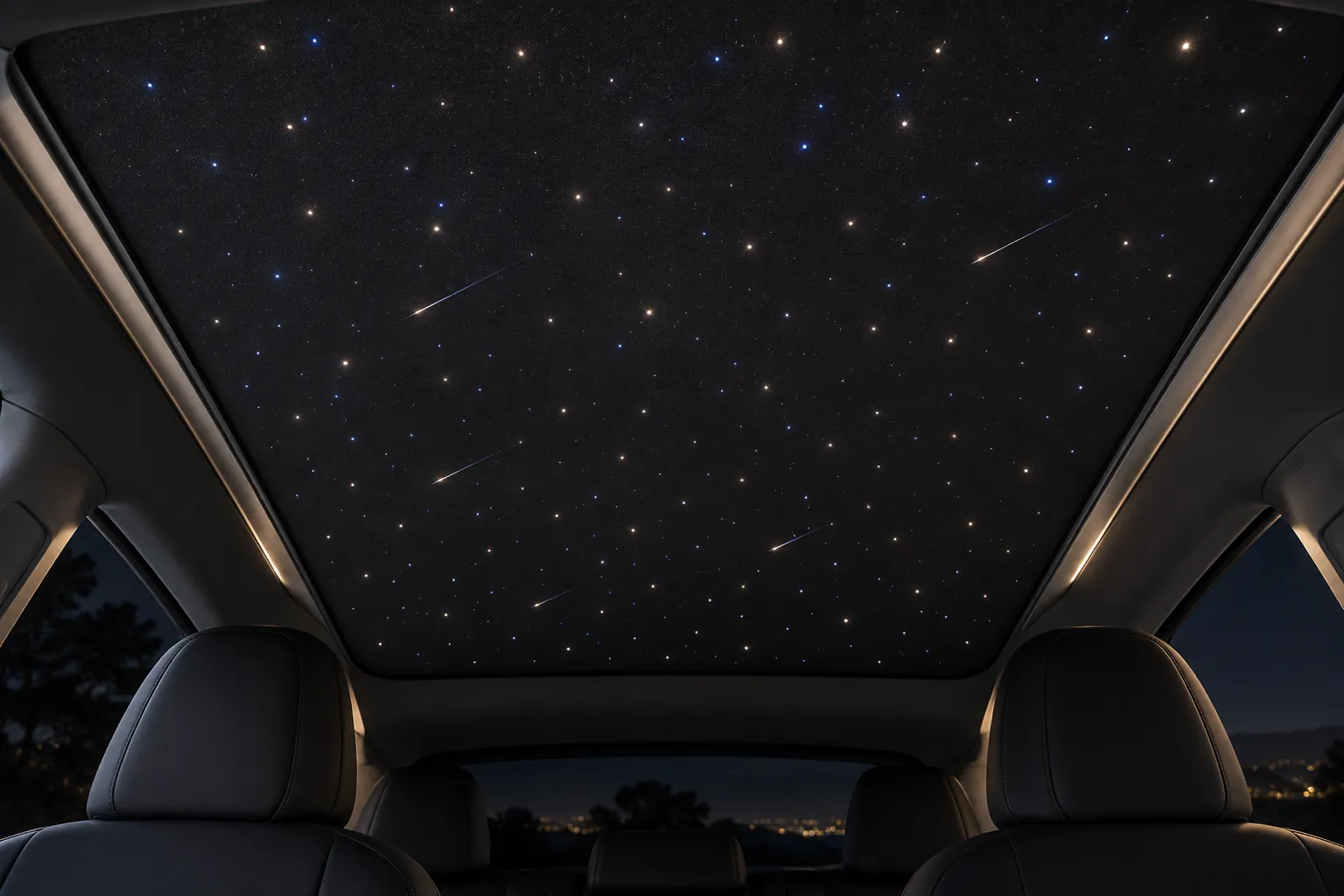Tesla 星空款遮陽簾夜間星點與流星效果示意