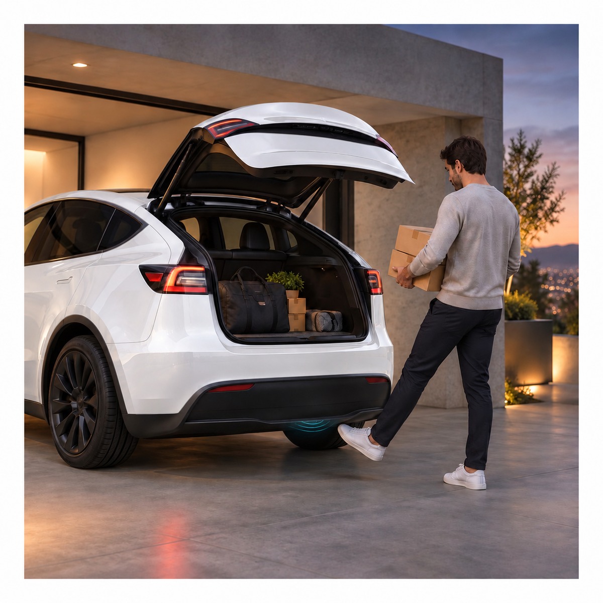 白色 Model Y 電動尾門腳踢感應器使用情境
