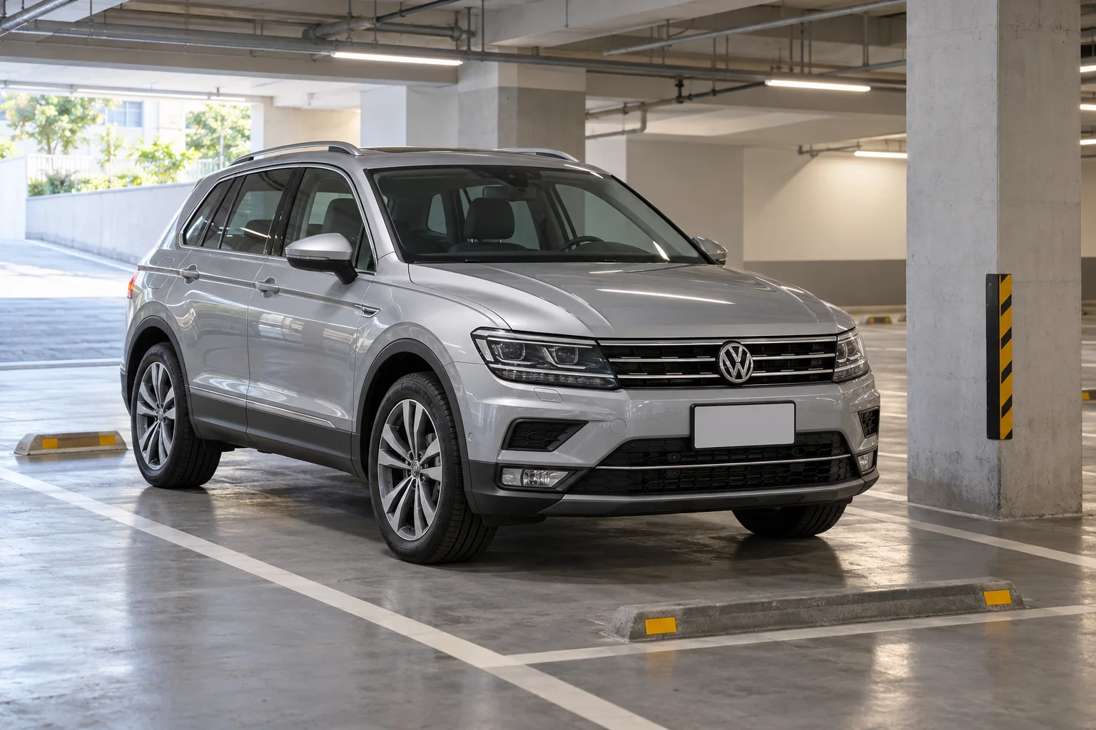 銀色 Volkswagen SUV 在地下停車場停放的用車情境
