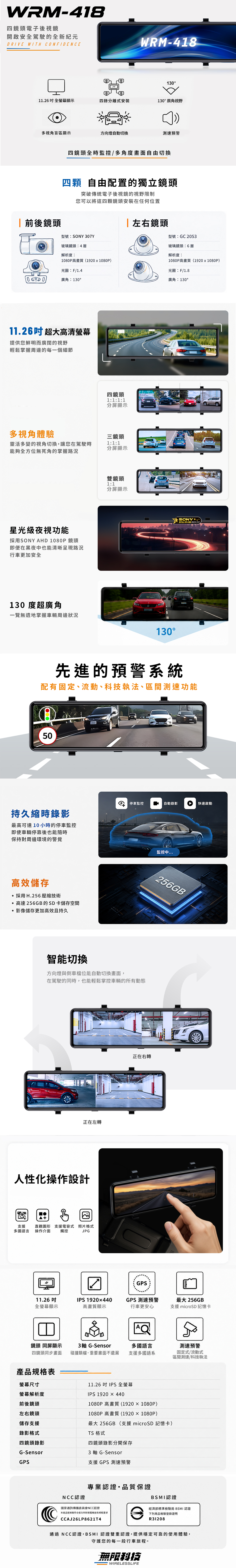 WRM-418 四路電子後視鏡產品介紹 四鏡頭獨立安裝 前後左右1080P全方位錄影 11.26吋IPS觸控螢幕 夜視效果 四路同顯 觸控操作 規格表與配件 無限科技