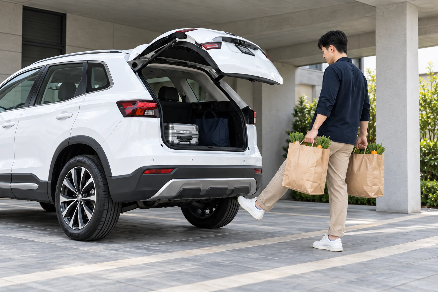 車主雙手提著食材，於後保桿下方操作選配腳踢感應。
