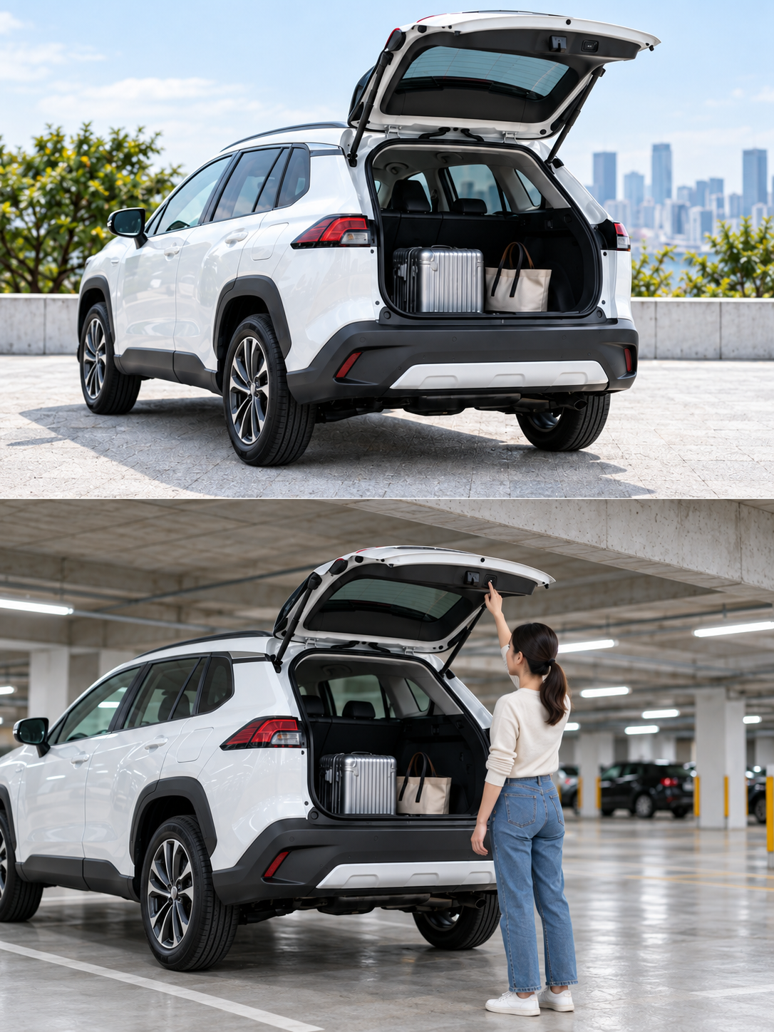 白色休旅車開啟電動尾門的情境示意。