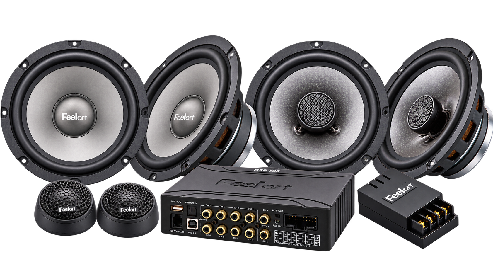 Feelart 前門中低音一對、獨立高音一對、後門同軸喇叭一對及 DSP-480 整套展示