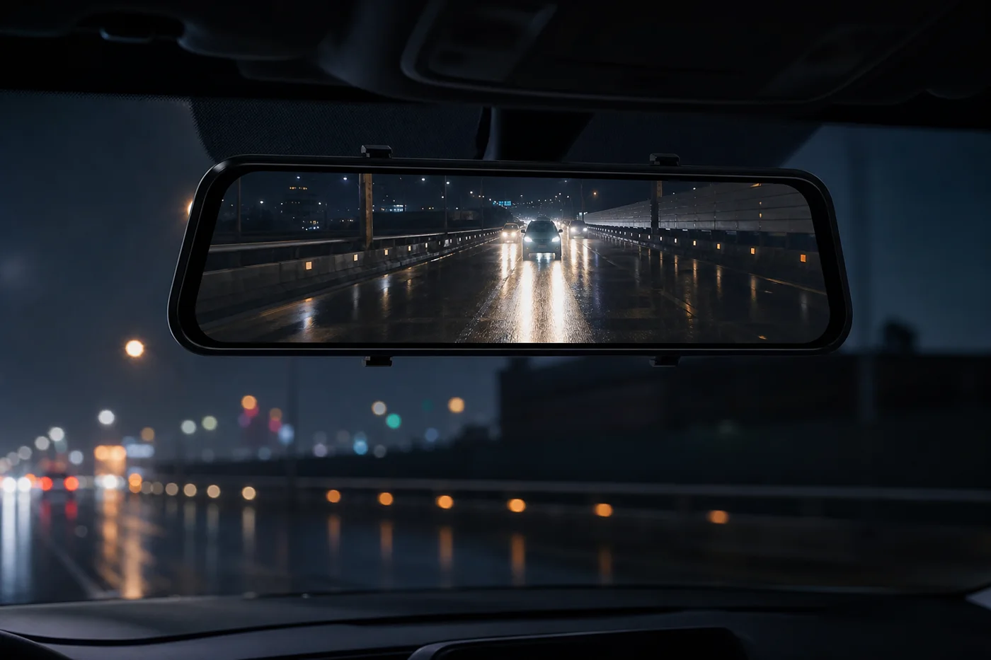 雨後夜間高速公路，電子後視鏡顯示清楚的後方畫面