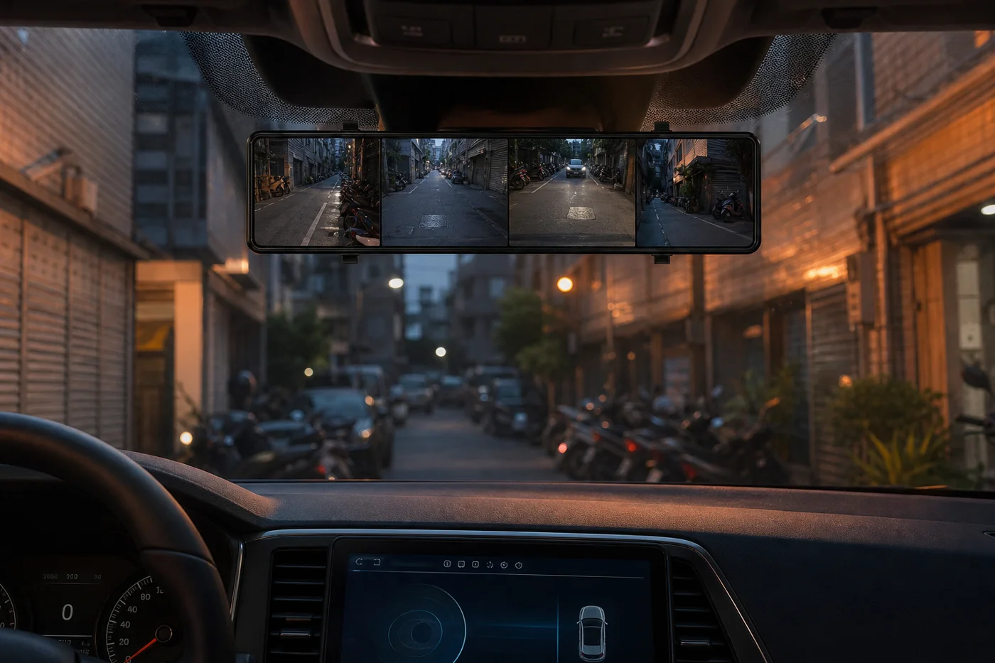 休旅車傍晚駛過機車停滿的窄巷，需要留意四周的情境
