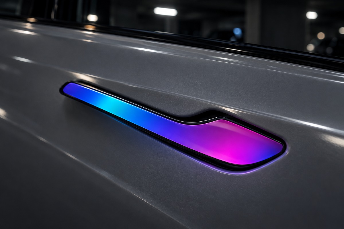 夜間白色 Tesla 車門的 LED 門把導光近拍