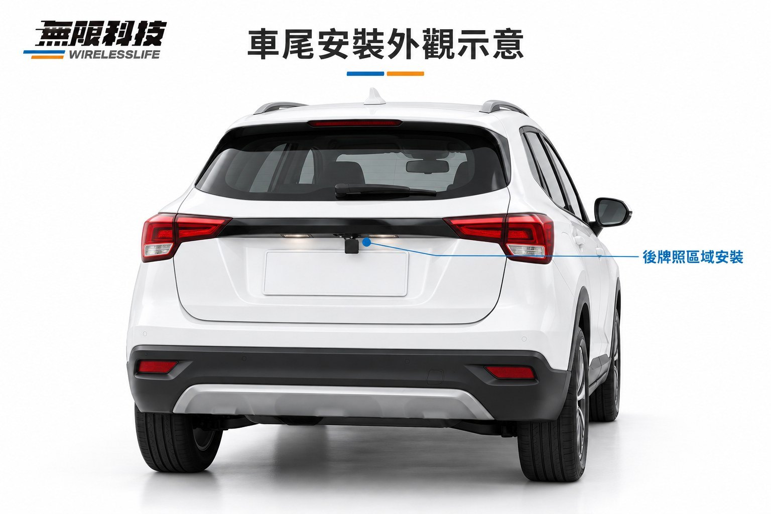車尾整體視角與後牌照區域雷達位置示意