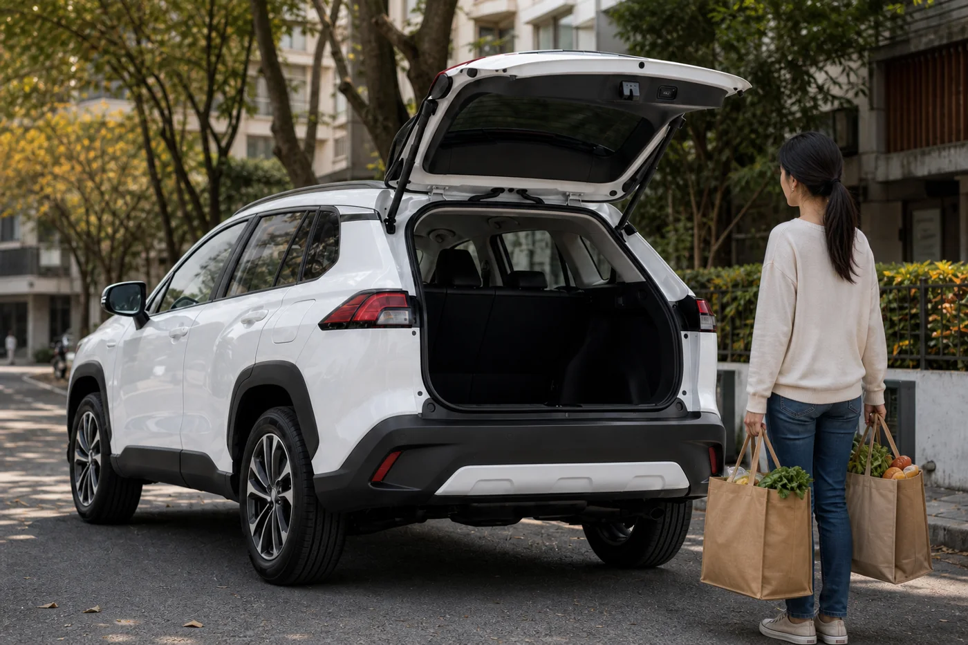 車主雙手提著購物袋，SUV 電動尾門自動升起