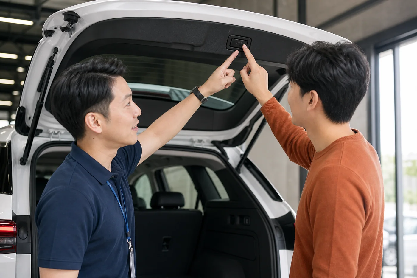 交車時技師示範駕駛座按鍵與尾門按鍵操作