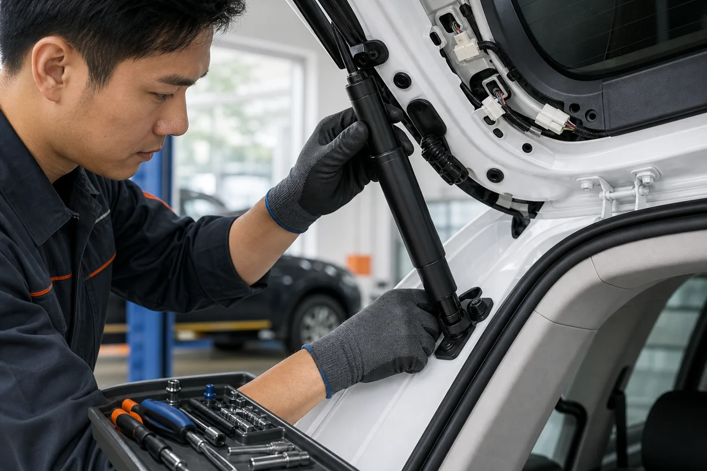 技師在門市為 SUV 尾門安裝電動撐桿與線組