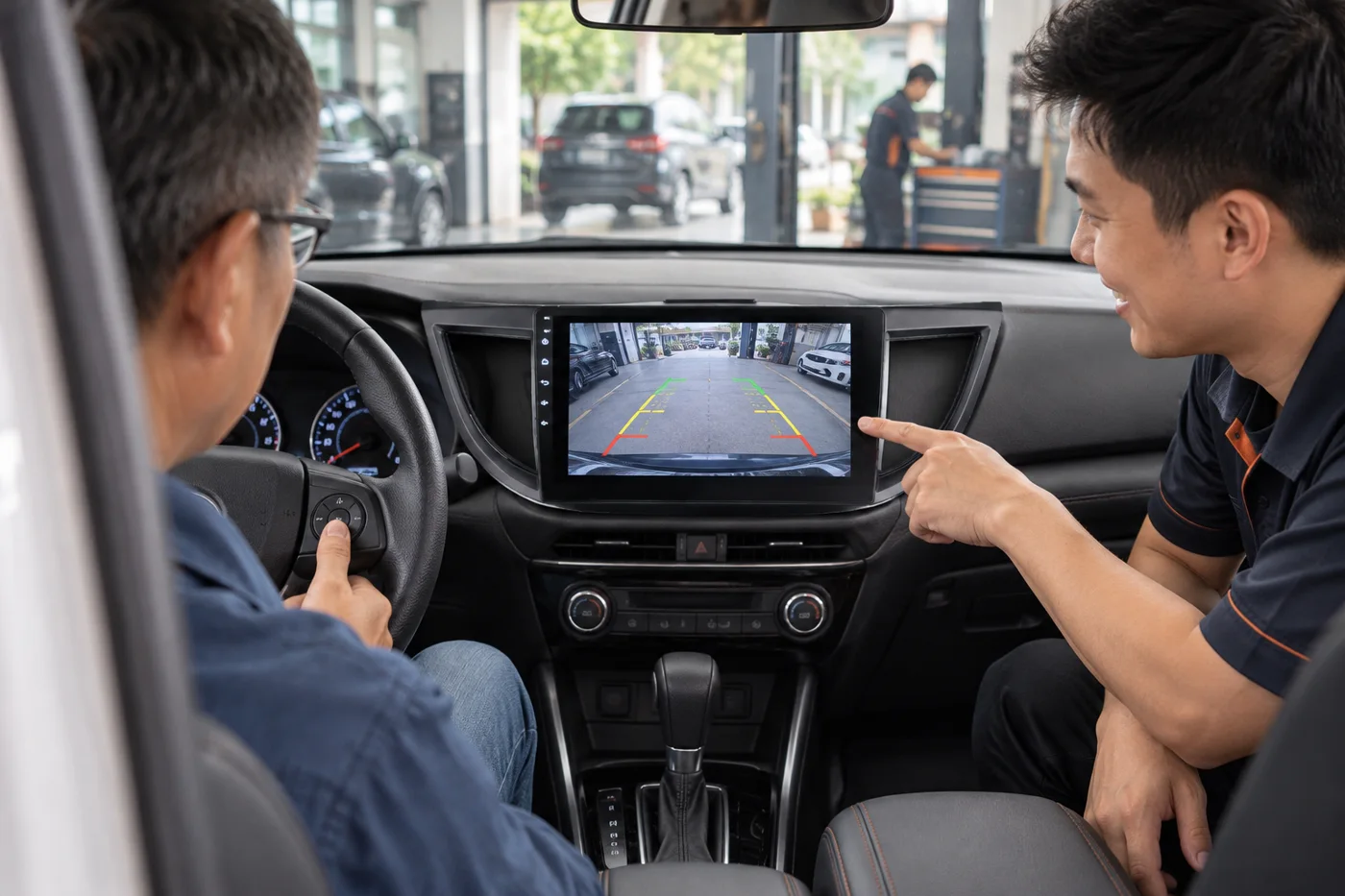 交車前技師在 CR-V 上測試倒車顯影與方向盤按鍵