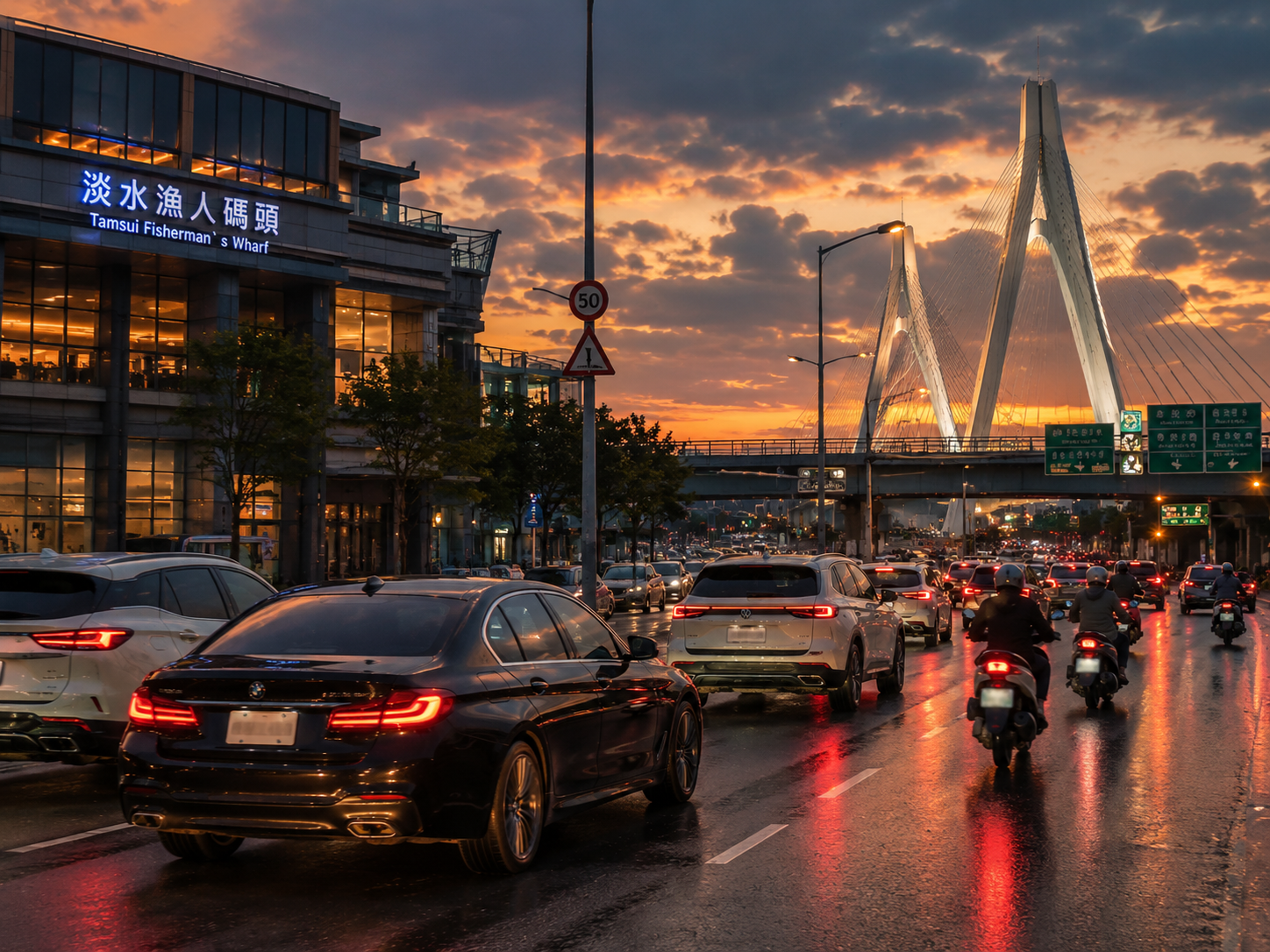 淡水景點周邊車流與夕陽情境