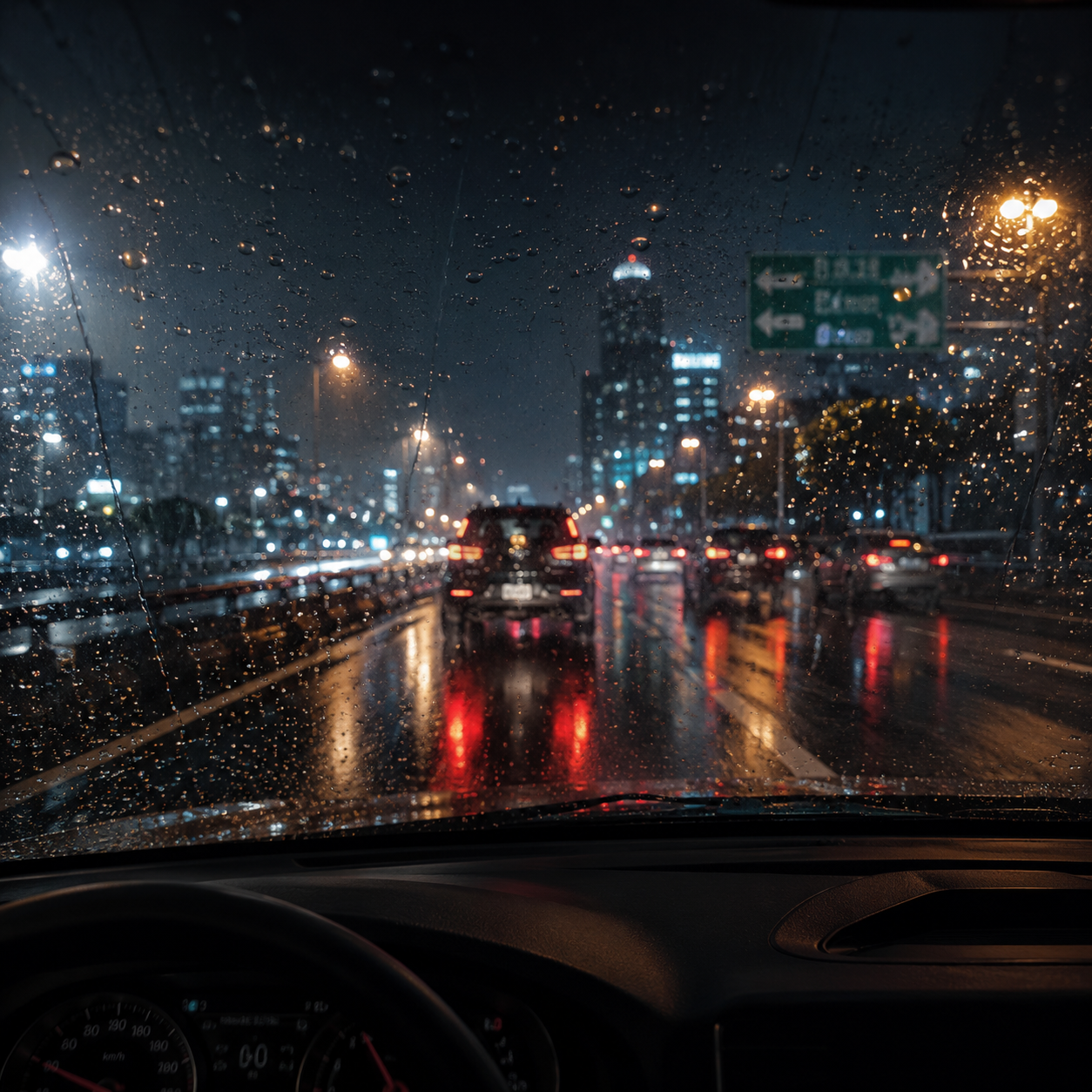 Rainy night driving view through windshield square cover