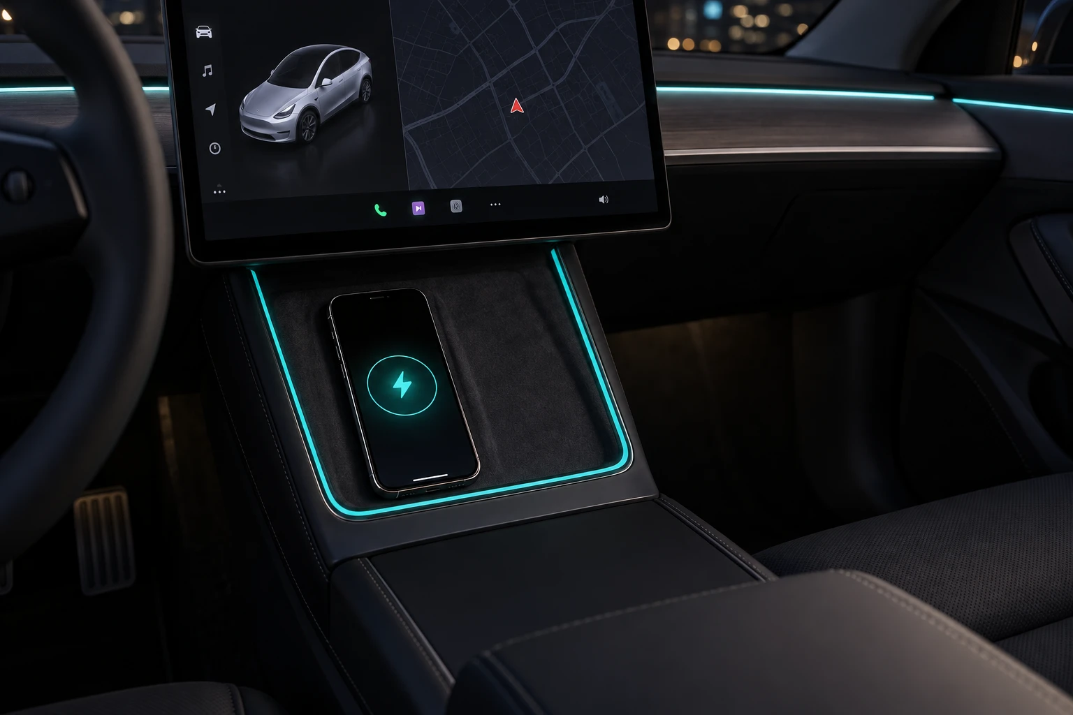 Model Y 煥新無線充電區外圍亮起青藍色燈框